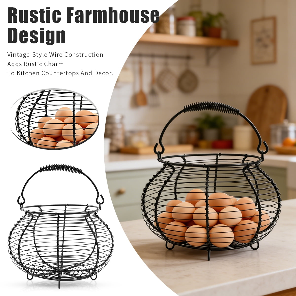 Farmhouse Wire Egg Basket with Handle - Round Metal Chicken Egg Holder for Collecting Fresh Eggs and Countertop Display