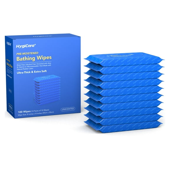 HygiCare Bathing Wipes, 100ct (10 Packs), Quick Shower, Rinse Free, Unscented, Alcohol Free, Perfect for Hospitals, Camping, Hiking, Gyms, Incontinence