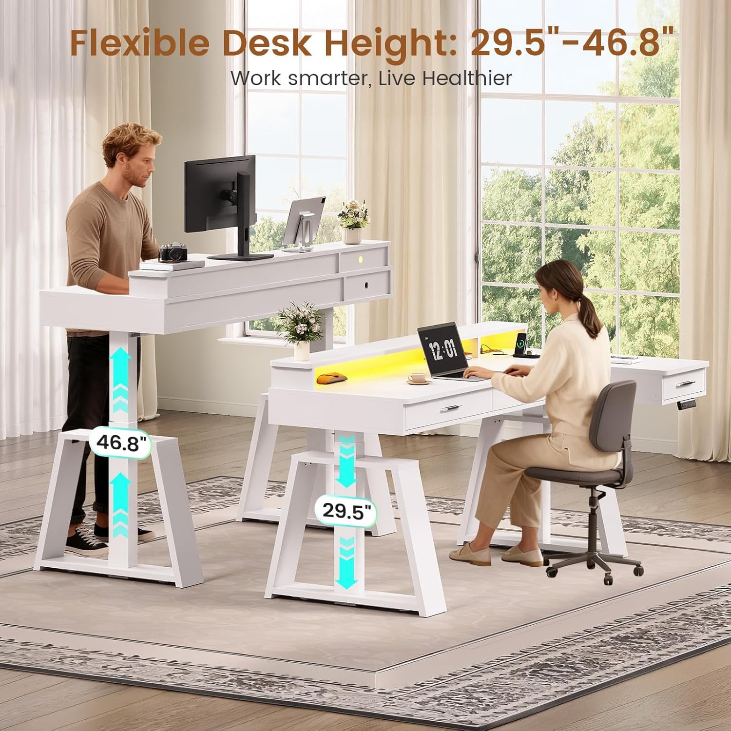 Modern Standing Desk with Drawers, Height Adjustable Computer Desk with Power Outlets, LED Lights & Monitor Stand, Stand Up Corner Gaming Desk, Home Office Desk with Storage, White