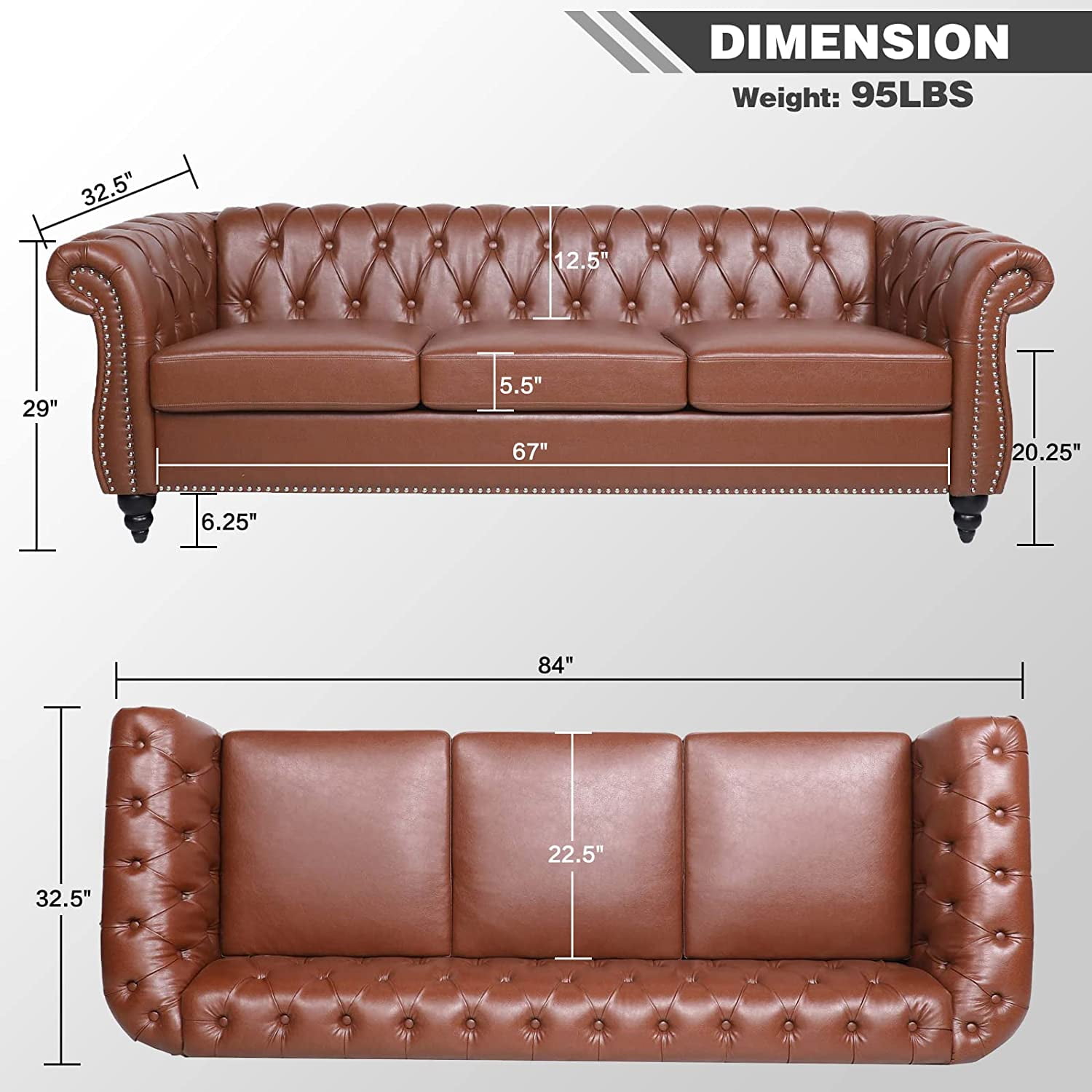 Chesterfield Sofas for Living Room, Rolled Arm 3-Seater Leather 84