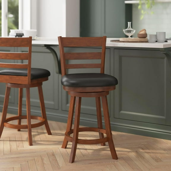 Commercial Grade Wood Classic Ladderback Swivel Counter Height Barstool with Padded Black LeatherSoft Seat, Antique Oak