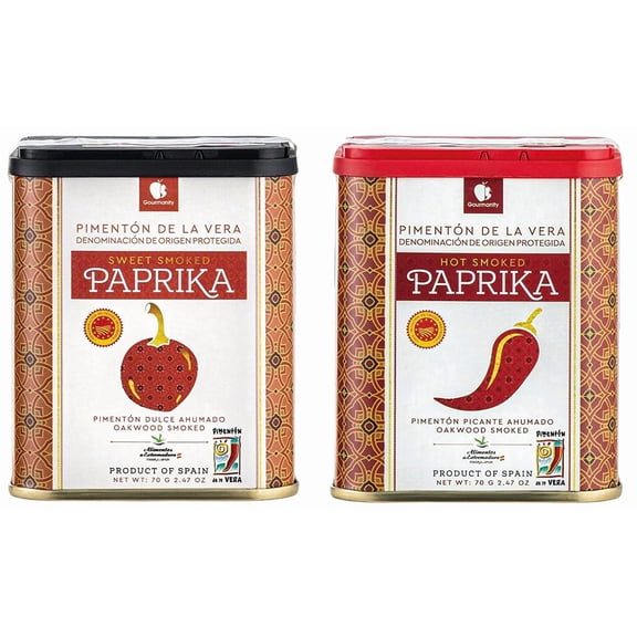 Gourmanity Spanish Sweet & Hot Smoked Paprika Powder Tin, Premium Oak Wood Smoked Paprika Seasoning for Adding Depth, Flavor and Color to Your Dishes, Kosher, Gluten Free, Pimenton Dulce Ahumado, 2.5