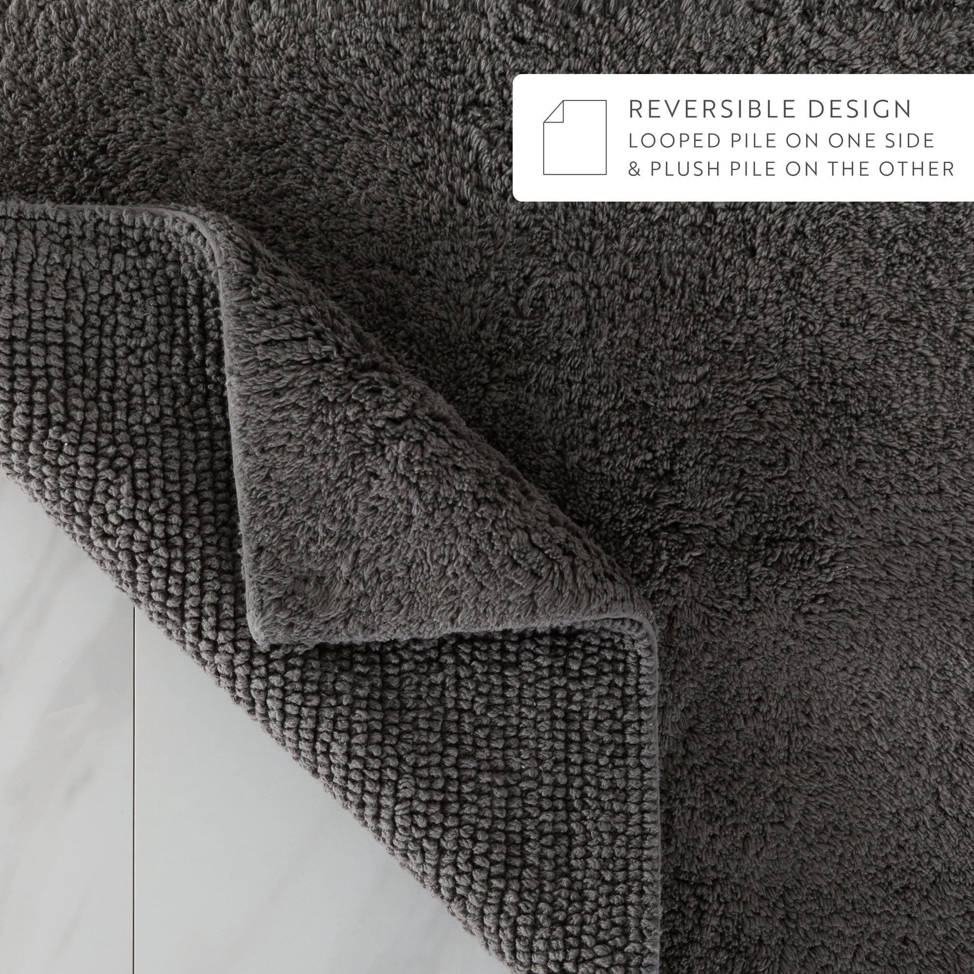Noble Linens Reversible Dual-Texture Cotton Bath Mat, 24 in x 17 in, Gray