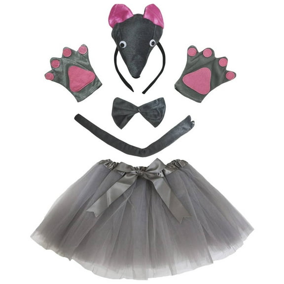 Petitebelle Cutie Mouse Headband Bowtie Tail Gloves Tutu 5pc Costume (Gray, 5-10 Years)