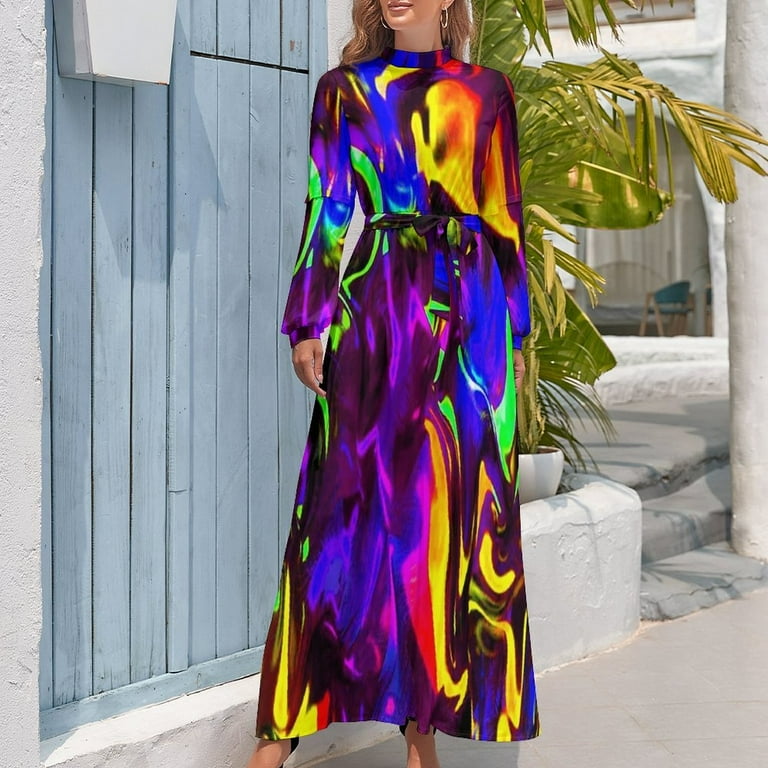 Rave Rainbow Of Glow Stick Fire Women's Long Dress Long Sleeves Dress  Vintage Dresses Party Maxi Dress High Waist Dress - Walmart.com