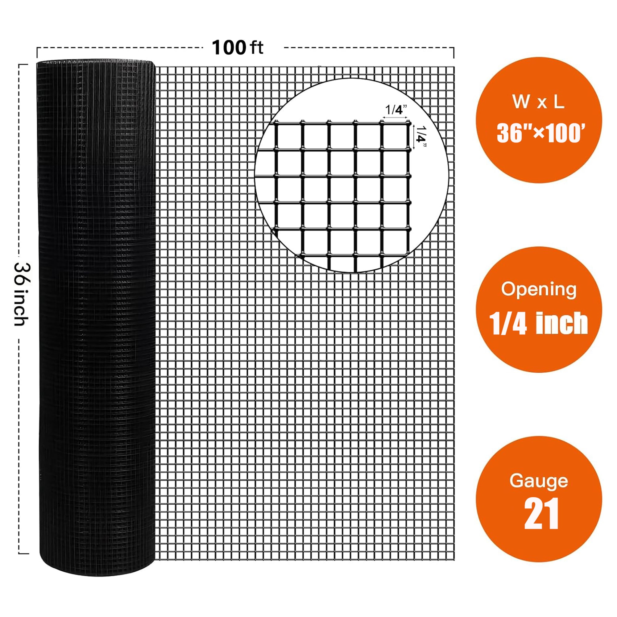 Miniyam 21-Gauge 1/4 inch Black Vinyl Coated Hardware Cloth – Welded Wire for Poultry Netting, Cage, Chicken Coop & Home Improvement (36in x 100ft)