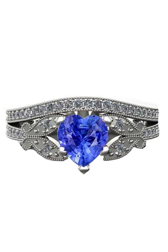Enterprises 67767 3 CT Diamond Heart Sapphire Butterfly Style Engagement Ring Set, Size 6.5