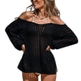 thumbnail image 3 of CFLVAEK Crochet Beach Cover Up for Women Hollow Out Off Shoulder Swimsuit Coverup Casual Long Sleeve Bathing Suit Cover Ups Black, 3 of 7