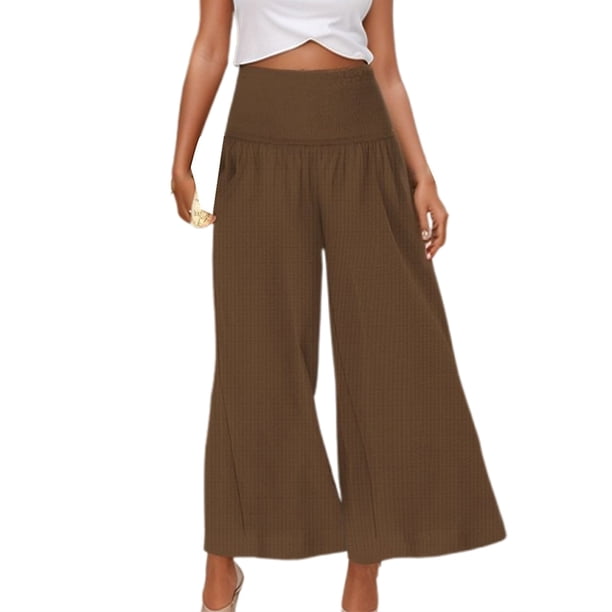 Pantalones capri de lino de cintura alta y pierna ancha para mujer en tallas grandes - Tejido transpirable, corte holgado, de petite a grande - Tallas S-XXL para primavera/otoño
