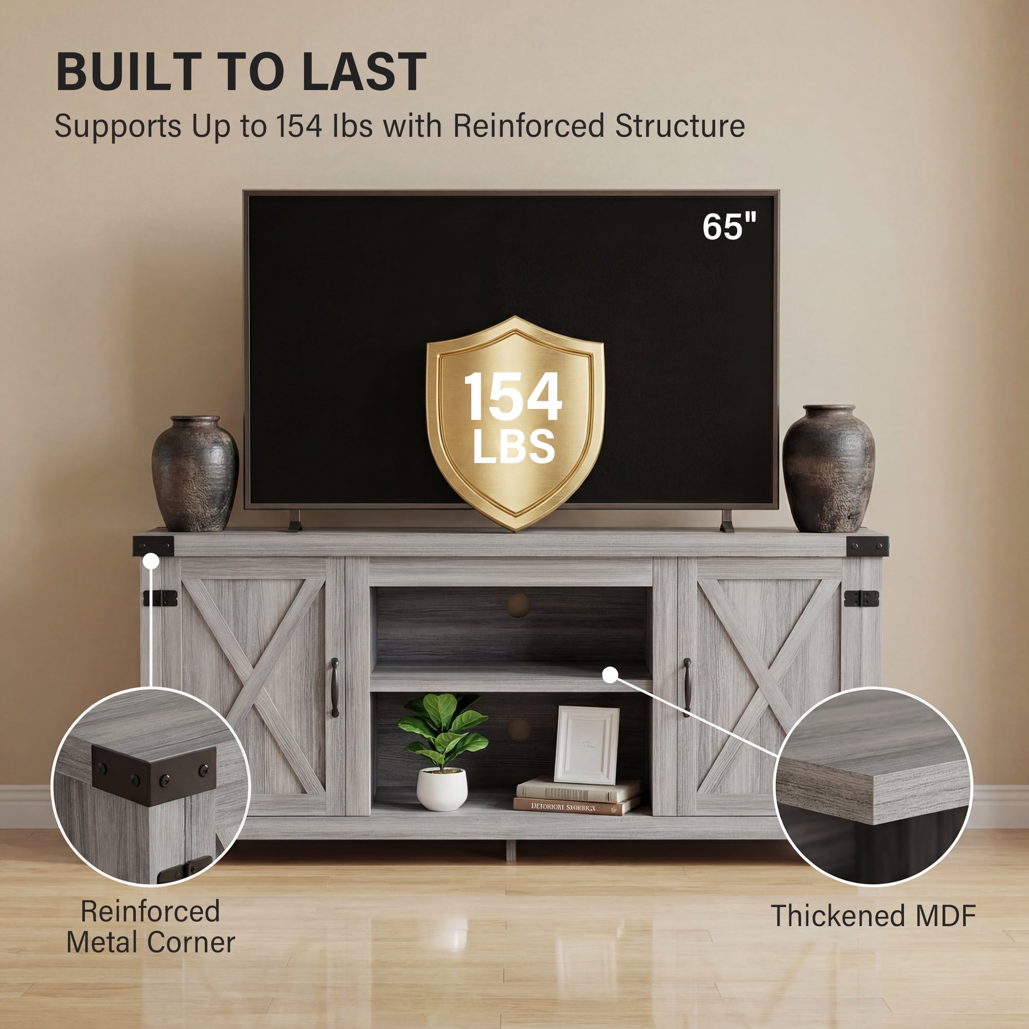Vineego TV Stand for 65 Inch TVs, Farmhouse Storage Cabinet with Sliding Doors and Cord Management, Gary