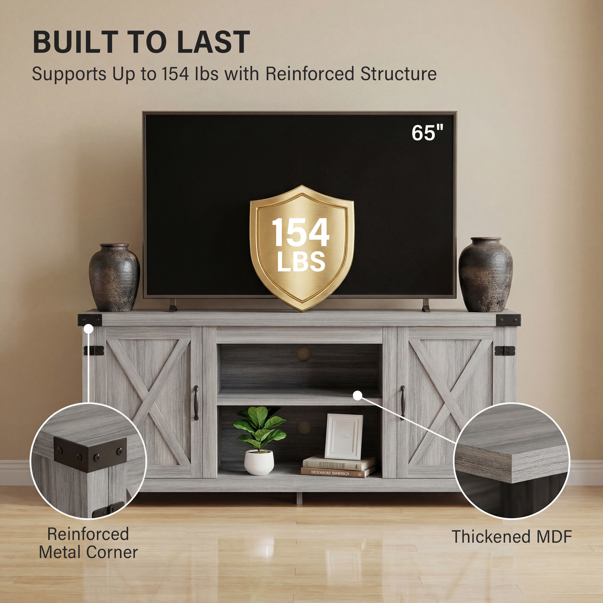 Vineego TV Stand for 65 Inch TVs, Farmhouse Storage Cabinet photo 7