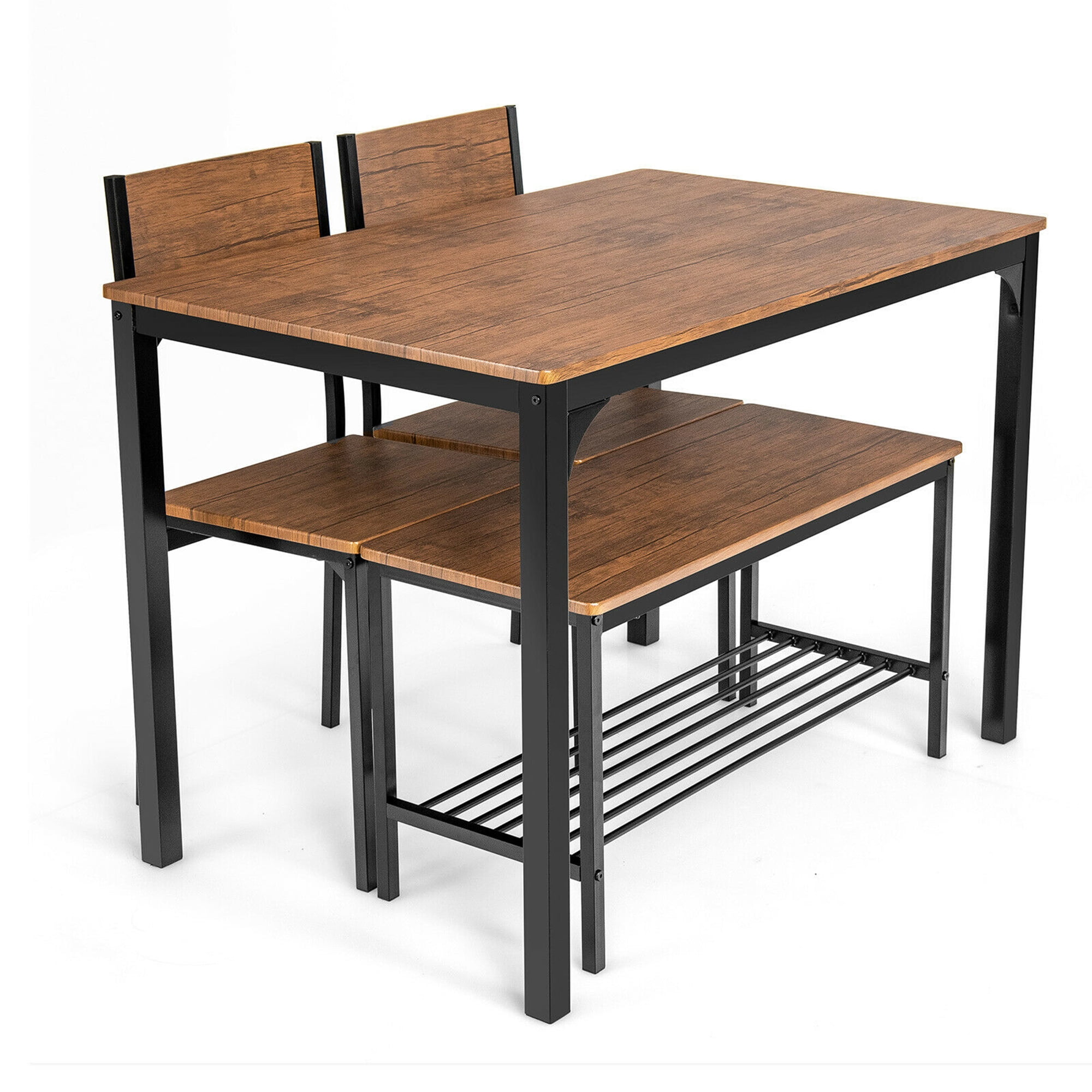 Gymax 4pcs Dining Table Set Rustic Desk 2 Chairs & Bench w/ Storage Rack Brown