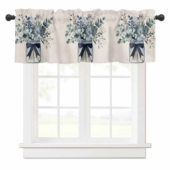 Blue Eucalyptus Valances for Windows Leaves Bottle Ribbon Farmhouse Linen Texture Rod Pocket Curtain Valance Window Treatment Short Curtains for Kitchen Living Room, 54"x18"