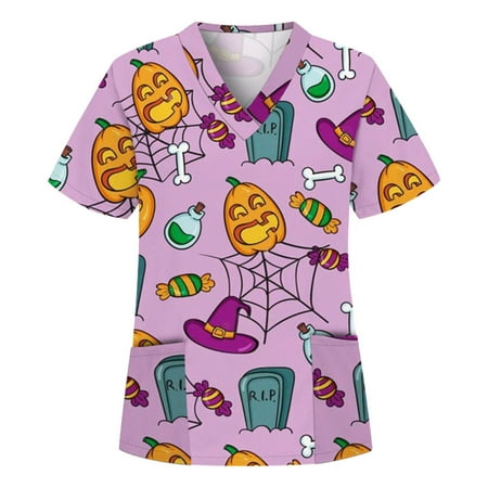 

Mchoice Womens Halloween Costumes V-Neck Short Sleeve Nursing Uniform Workwear Halloween Pumpkin Bats Ghost Printed Graphic Tees Blouse Scrubs Tops with Pockets