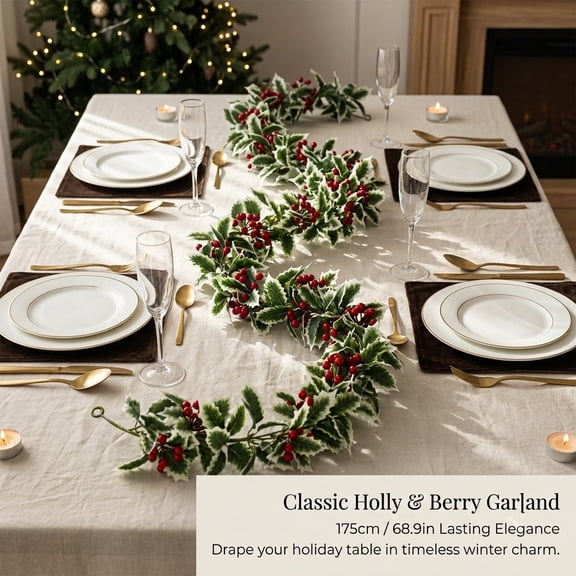 Liamobondopolis Flocked Christmas Holly Garland with Red Berries 5.7 Ft Holiday Decor