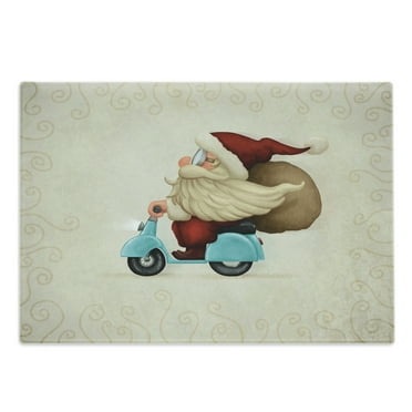 Christmas Cutting Board, Old Santa Claus Delivering Presents on His Motorcycle Swirled Lines Frame, Decorative Tempered Glass Cutting and Serving Board, Large Size, Red Tan Pale Blue, by Ambesonne