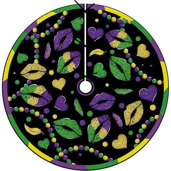 Mardi Gras Lip Prints Christmas Tree Skirt, 48 Inches Lace-up Glitter Hearts Beads Feather New Orleans Carnival Tree Skirt, Celebration Holiday Party Indoor Decoration Home Decor