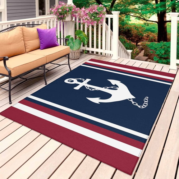 Navy Blue Red Stripe Outdoor Rug 3x5 Ft, Non Slip Washable Area Rug, Coastal Nautical Anchor Farmhouse Patio Rugs Carpet Runner, Large Floor Mat for Indoor/Outdoor Deck Porch Camping