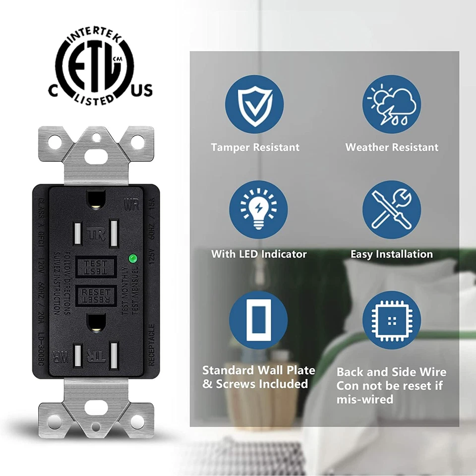 CIRCLE- 20 Amp Ground Fault Receptacle Gfci Gfi Outlet Black With Decorative Wall Plates