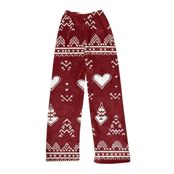 Women's Christmas Printed Plush Pants, Full Length Long Trousers for Winter Casual Wear, Soft and Warm Fleece Material with Festive Design,Wine,XL