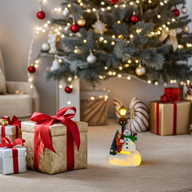 WHAMVOX Resin Snowman Christmas Tabletop Ornament with LED Glowing Streetlights Battery Operated Decor