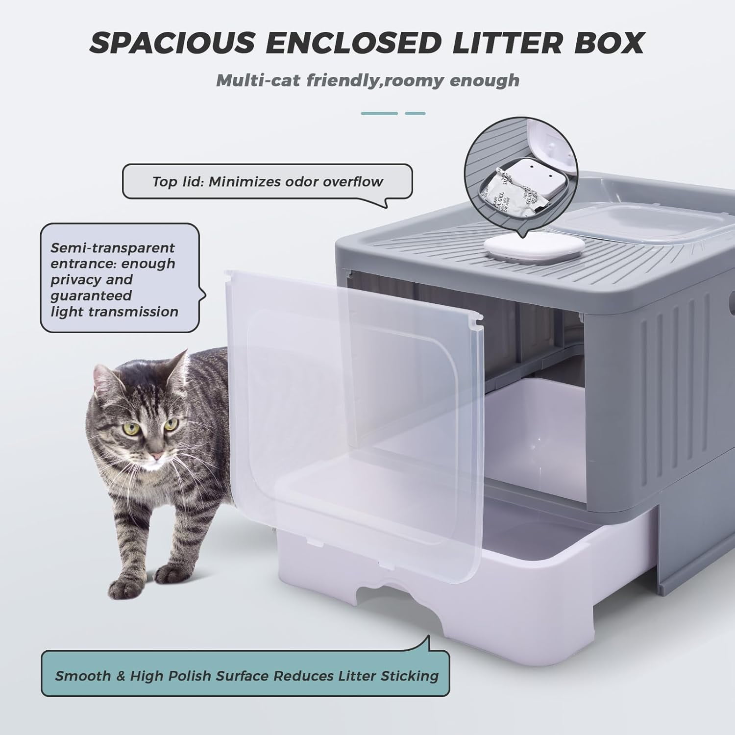 Cat Litter Box with UV, Enclosed Plastic Cat Litter Box with Handy Litter Scoop, Top Exit Anti-Splashing Cat Toilet, Drawer Type Cat Toilet