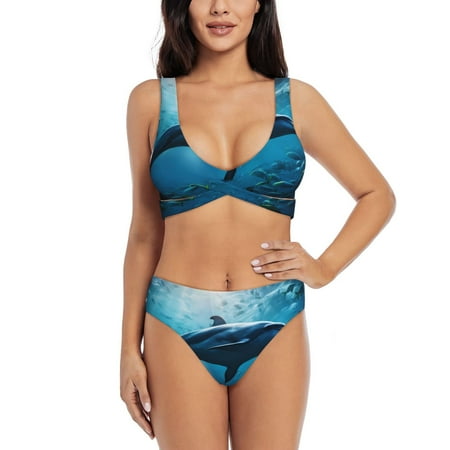 Zeuib Ocean Dolphin Fish School High Waisted Tummy Control Bikini Set - Knot Front Push Up Top & Cheeky Thong Bottom  Two-Piece Swimsuit for Women-Large