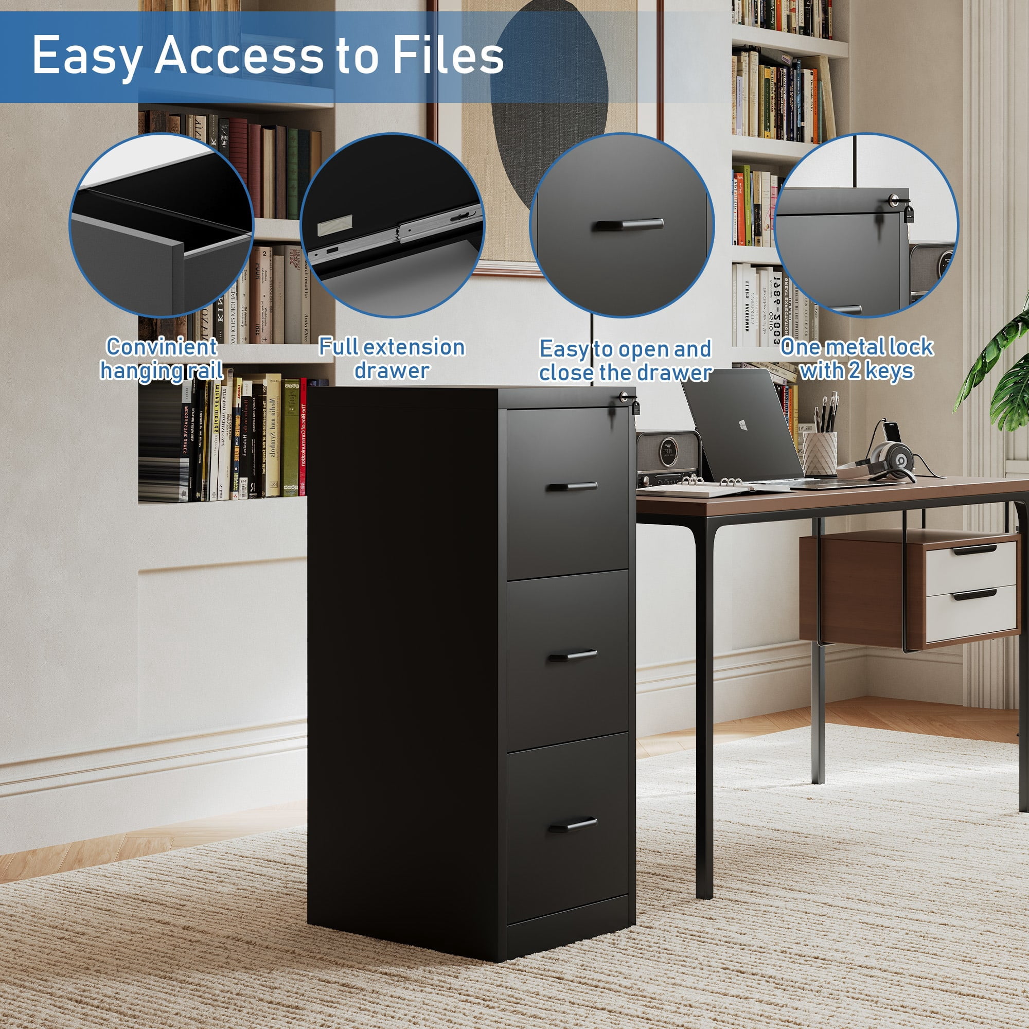 Ouyessir 15" Wide 3-Drawer Vertical Black Steel File Cabinet, Metal Filing Cabinet for Home Office