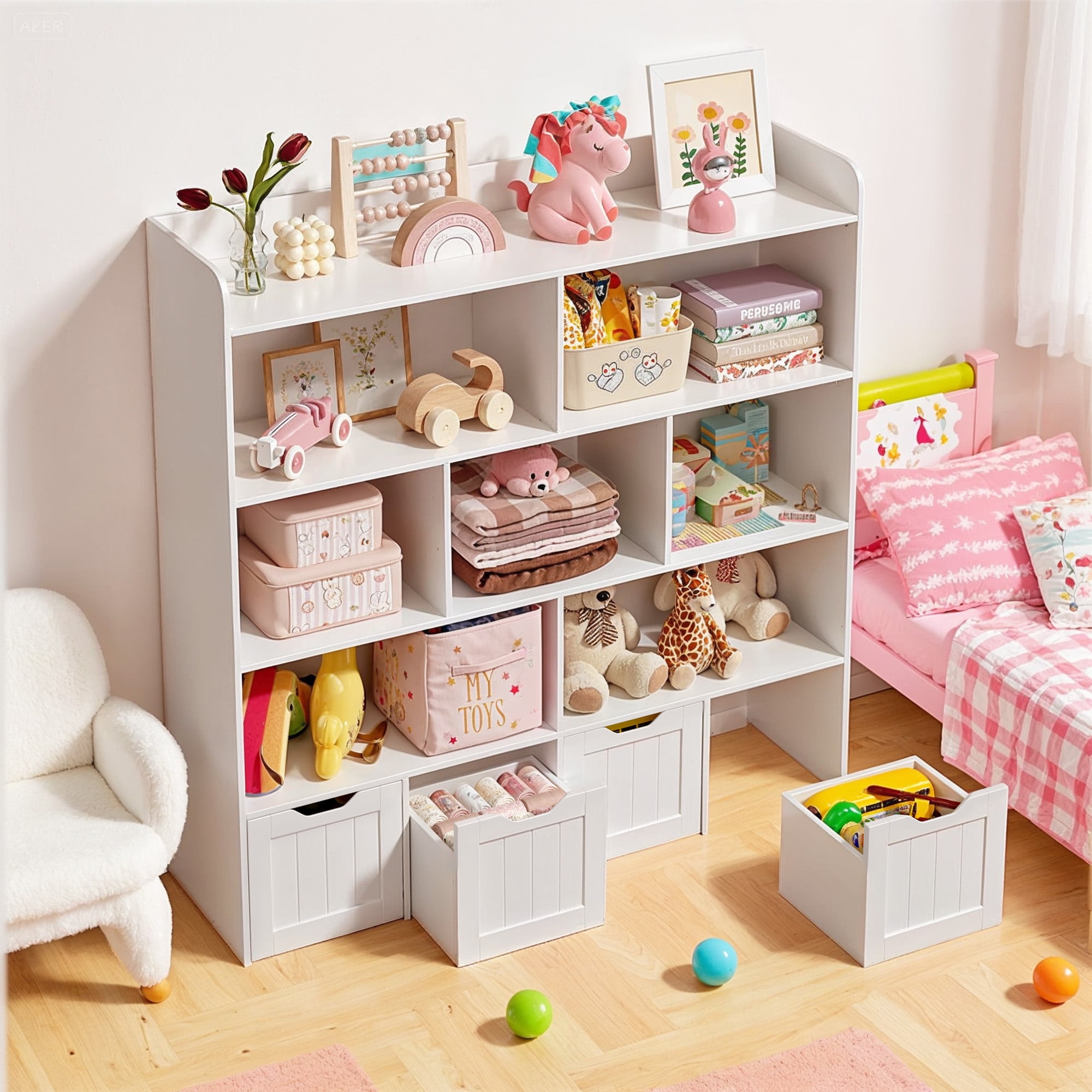Lofka Kids Bookshelf and Toy Storage Organizer with7 Storage Cubes, 4 Movable Bins & Raised Edge Top, White