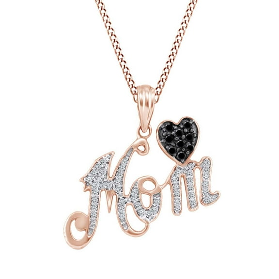 AFFY 1/4 Carat Round Shape White & Black Diamond Mom Heart Pendant Necklace In 10K Solid Rose Gold