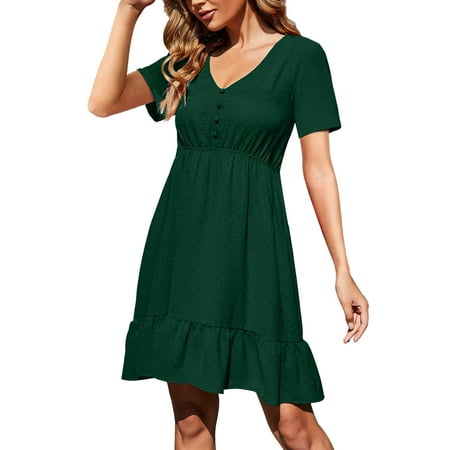 

wendunide womens dresses Summer Dresses For Women Fashion Casual V Neck Solid Button Chiffon Corset Slim Ruffle Short Sleeve Dress Green