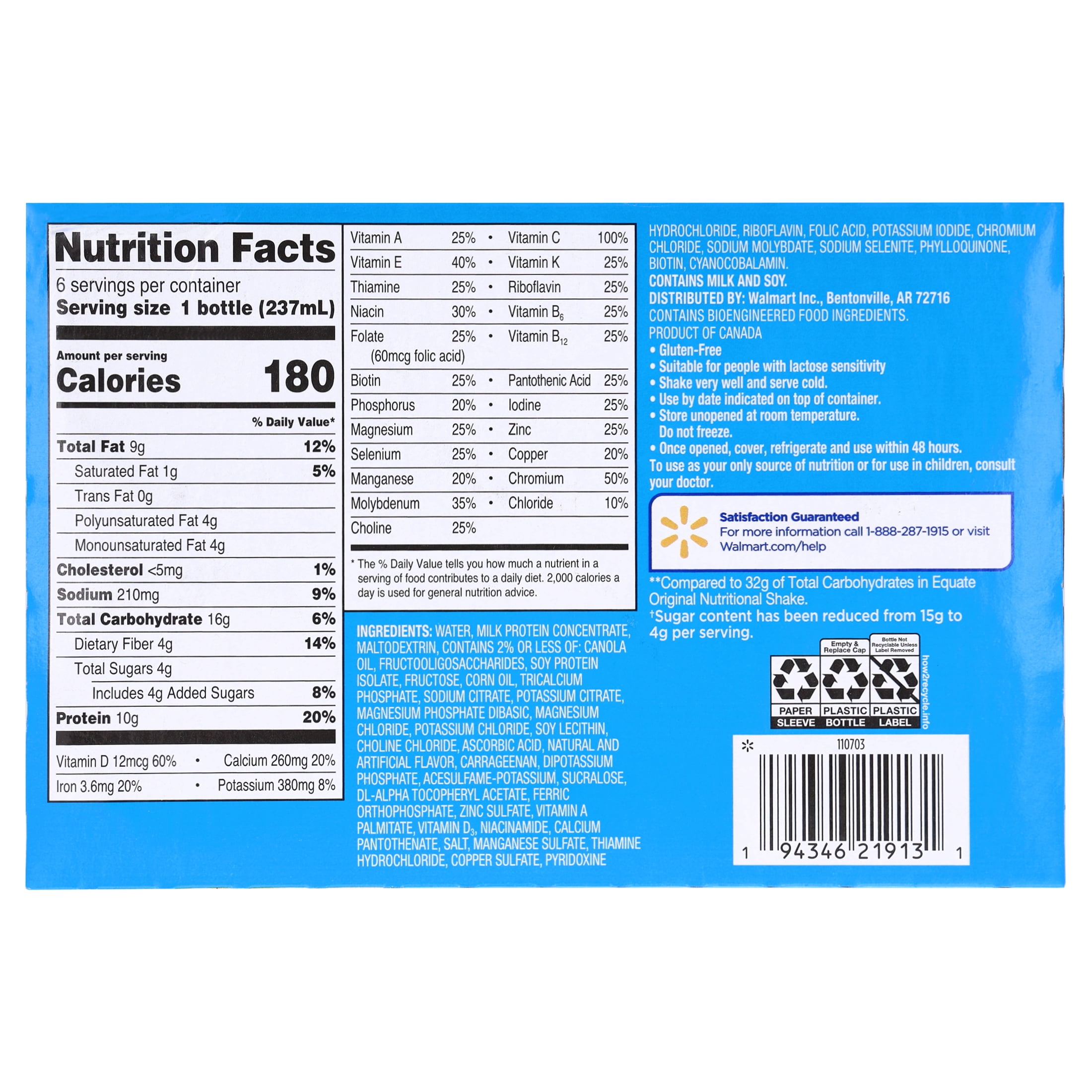 Equate Reduced Sugar Formula Nutritional Shake, Vanilla, 8 fl oz, 6 Count