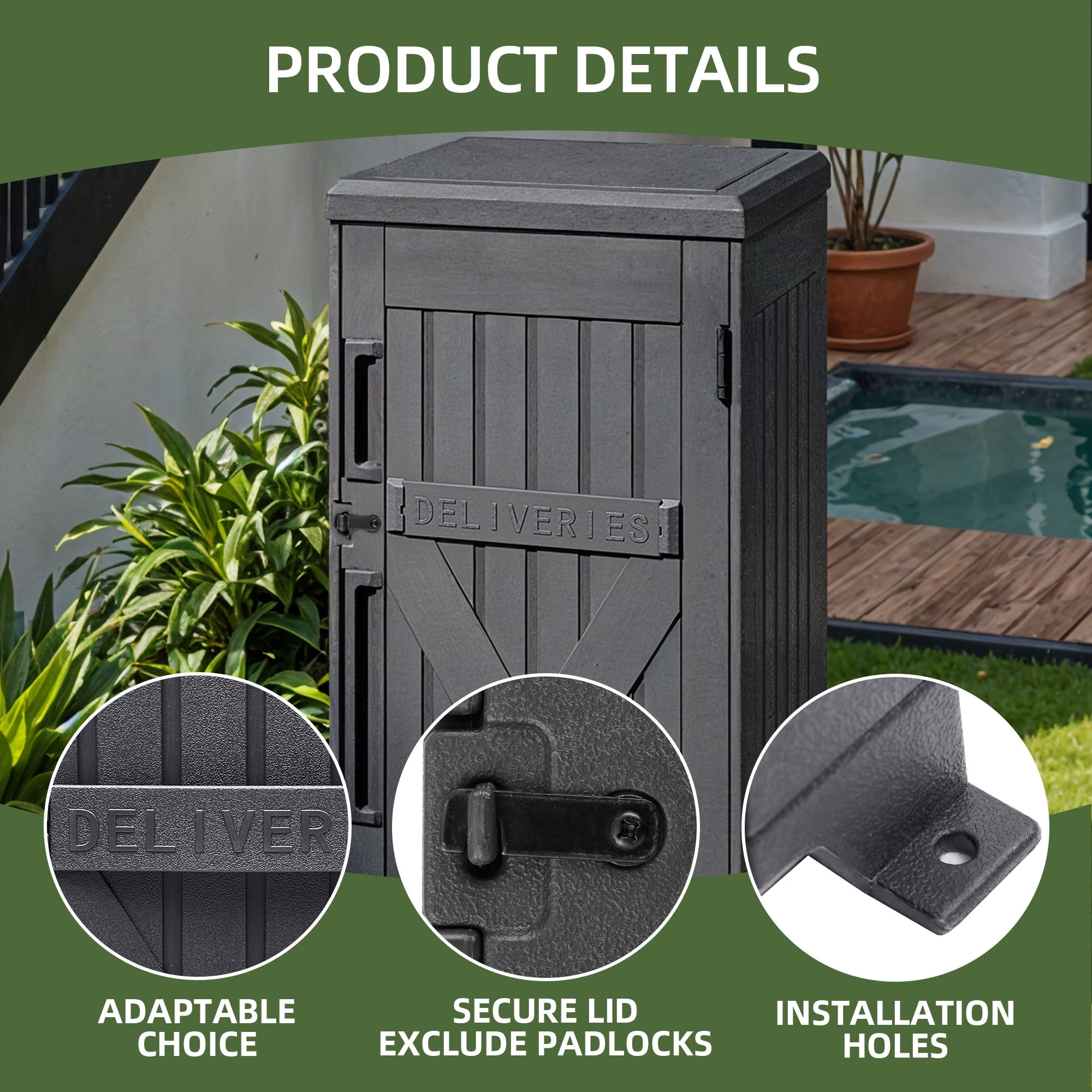 Uforic 60 Gallon Lockable Package Delivery Box, Double Wall Waterproof Resin Outdoor Parcel Storage Box for Porch Curbside Yard, Dark Gray