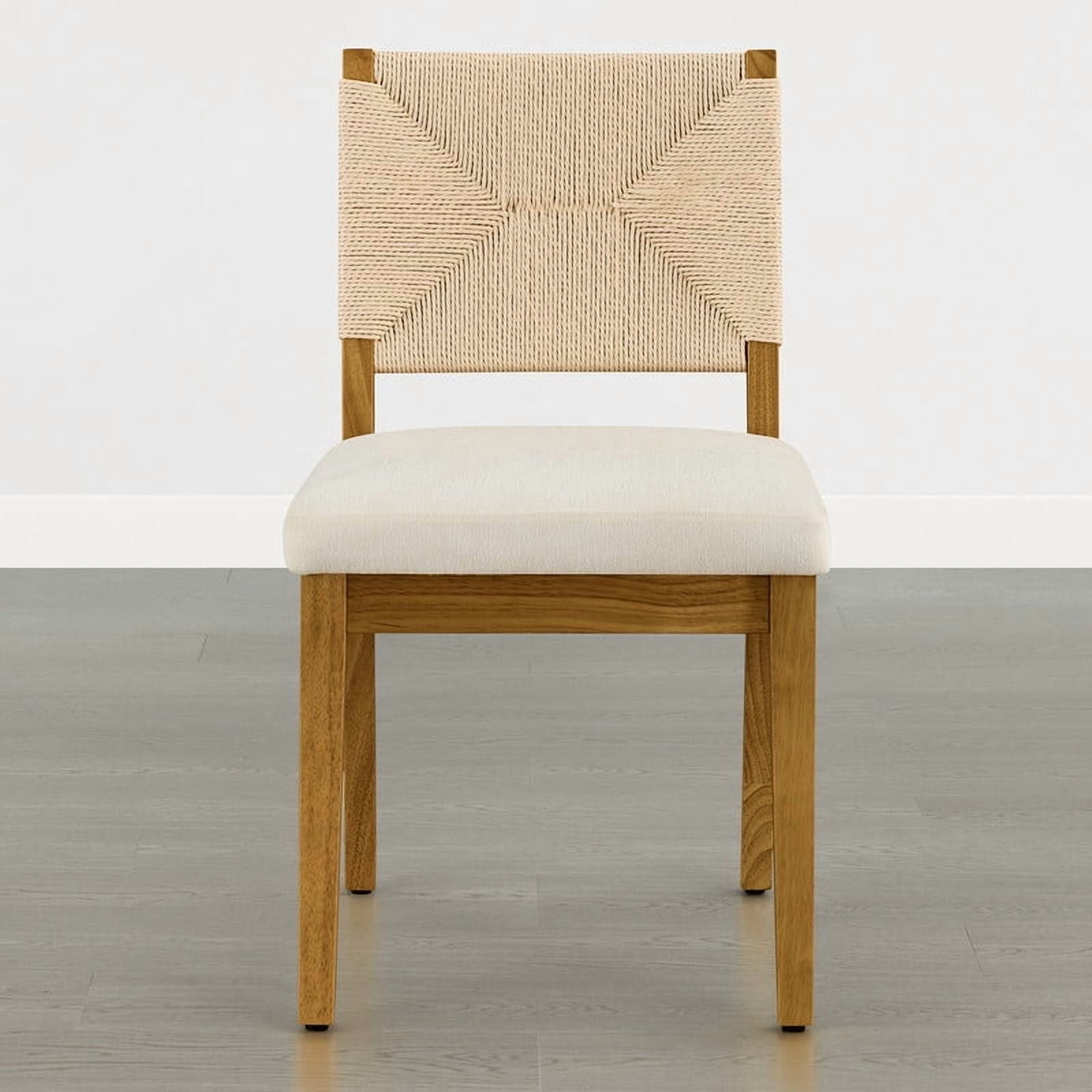Spruce & Spring Boho Upholstered Dining Chairs Set of 2 with Handwoven Paper Rope Back for Dining Room or Kitchen, Cream Fabric, Walnut