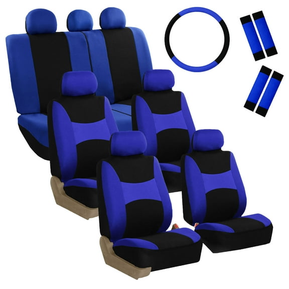 FH Group Light & Breezy Seat Covers for Auto, 3 Row 7 Seater Full Covers with Steering/Belt Pad Cover, Blue and Black
