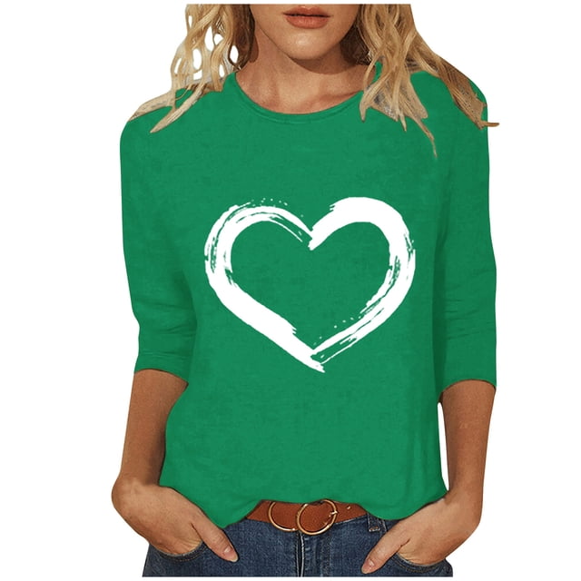 Plebaso Hauts Cœur pour Femmes Manches 3/4 Col Rond T-Shirts Graphiques Mignons Imprimés Blouses Décontractées pour Femmes