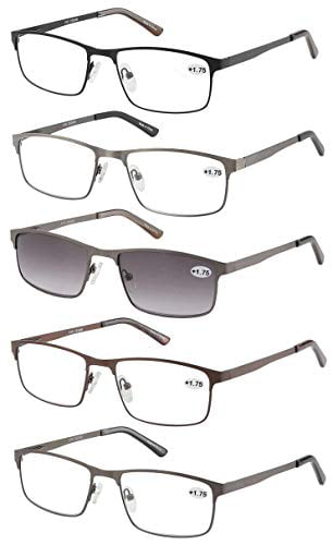 Amcedar 5-Pack Reading Glasses Men Metal Grey Rectangle Frame Stainless Steel Material Spring Hinges Readers Glasses 1.50 