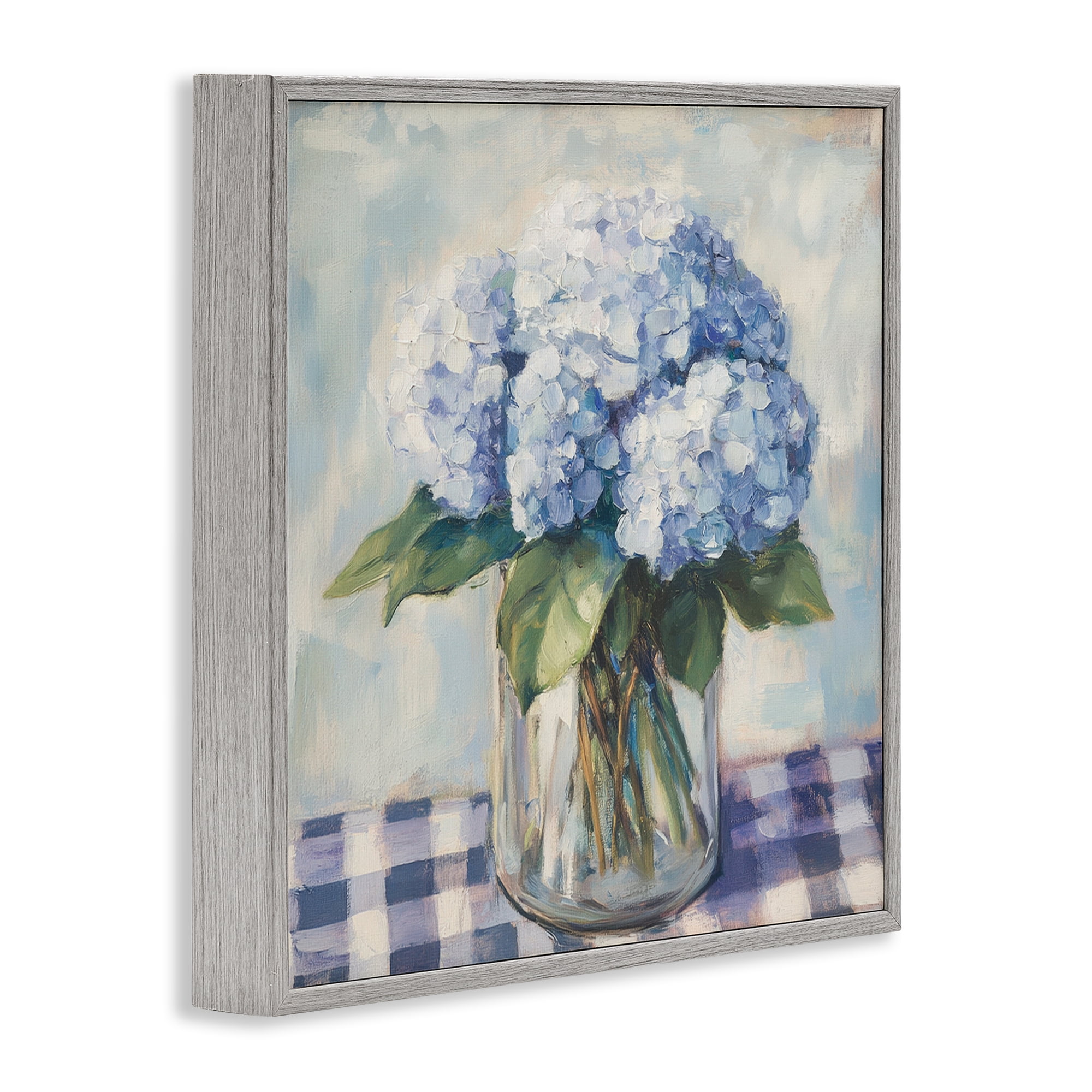 Stupell Industries Hydrangeas on Gingham Tablecloth Gray Framed Giclee Art, design by Petal Prints Design