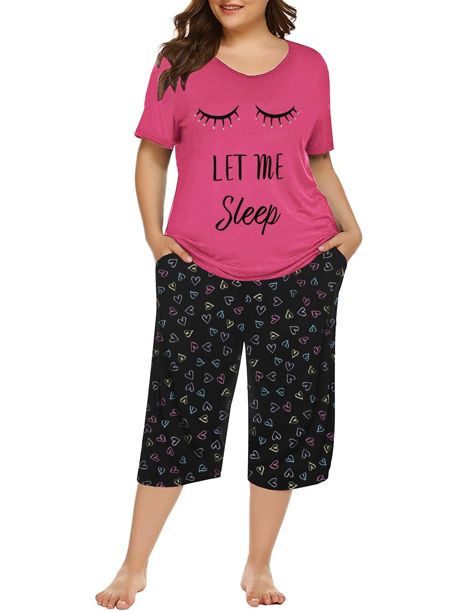 HONG HUI Womens Capri Pajama Sets Plus Size Sleepwear Top with Capri Pants 2 Piece Sleep Set 
