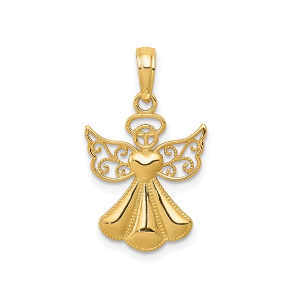 10k Yellow Gold Angel Pendant Necklace for Women with Openwork Wings and Heart Bodice, Christian Religious Jewelry Symbolizing Faith, Protection, Spiritual Inspiration, Memorial Accessory