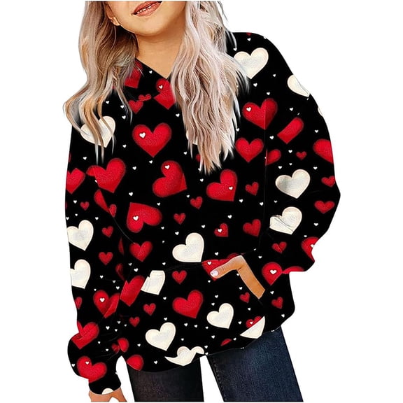 Girl Hoodies Hoodies for Teen Girls Like Heart Print Valentines Day Shirts Outfits Tween Girls Cute Tops Girls Fashion Sweatshirts Black 7-8 Years