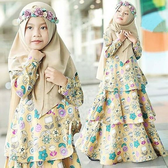 Herrnalise Girls Long Sleeve Floral Round Neck Dress Turban Two Piece Muslim Children's Clothing