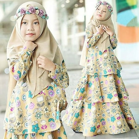 

XMMSWDLA Toddler Girl Clothes Girls Long Sleeve Floral Round Neck Dress Turban Two Piece Muslim Children s Clothing
