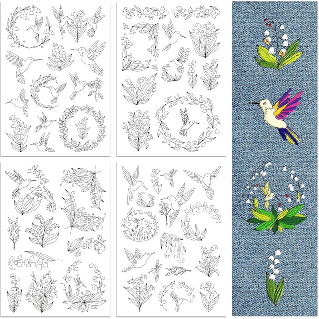 Water Soluble Embroidery Patterns for Beginners 4 Sheets with 50pcs Lily of The Valley Patterns Hummingbird Wash Away Embroidery Pattern Stabilizer for Hand Sewing Lover Women Adults