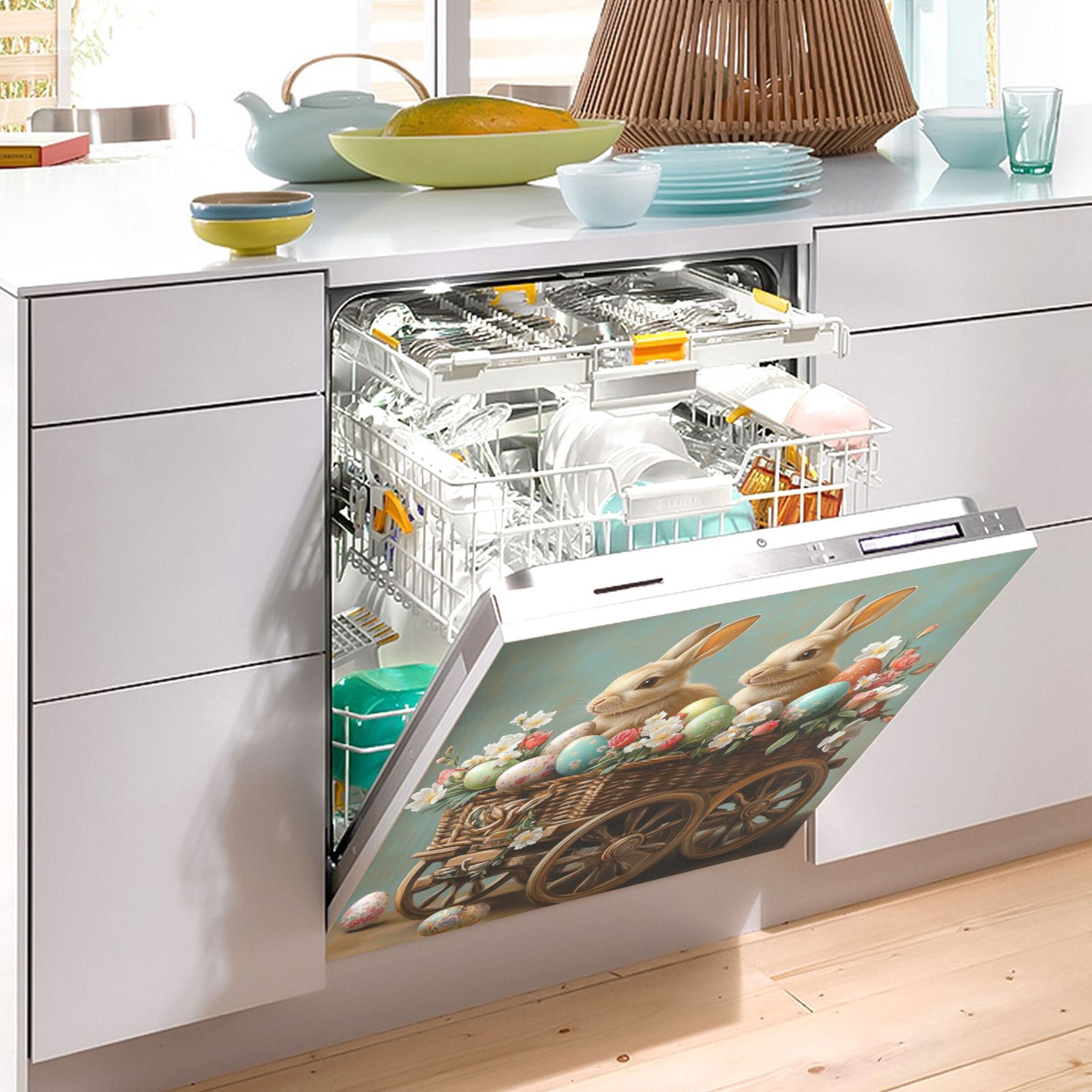 Dishwasher Magnetic Sticker 23x26 Inch Refrigerator Magnetic Sticker Washing Machine Magnetic Sticker Kitchen Panel Magnetic Sticker Home Decor Easter Wagon Bunny