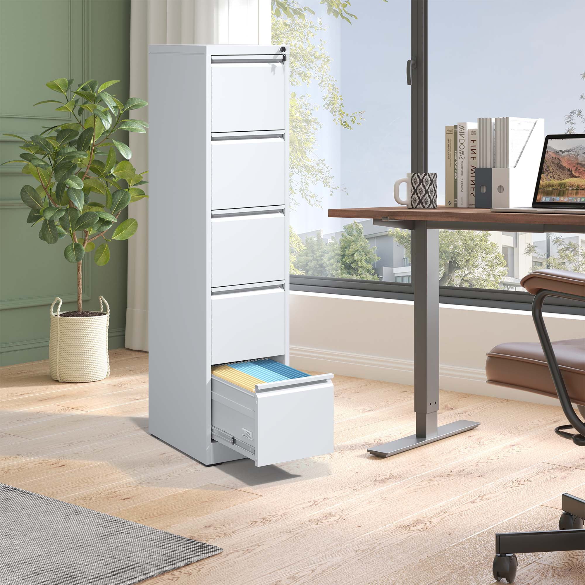 Yiyuanjin 5 Drawer Vertical Metal File Cabinet with Lock for A4 Legal/Letter Size, White