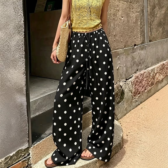 VV AVEORS Women Beach Pants Drawstring Wide Leg Flowy Pants Polka Dots Print Pants Summer Beach Vacation 2026 Cotton Linen Sweatpants Black M