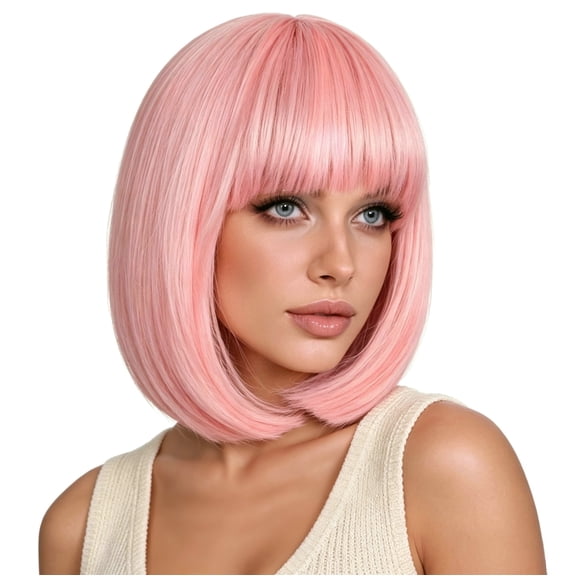 LOHXINHAIR Wig Bob Straight Shoulder Length Pink Synthetic Hair