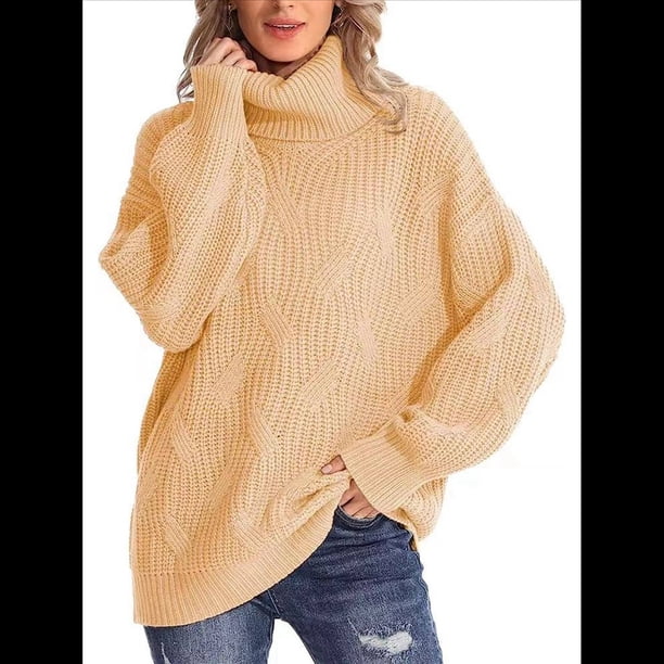 Suéter de Cuello Alto, Larga, Estilo Globo, Liso, para Mujer, para Invierno y Otoño. Albaricoque XL