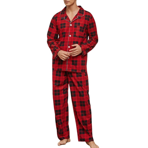 U2SKIIN Mens Plaid Pajama Set, Soft Print Pajamas for Men, Lightweight Warm PJS with Pockets(Red-black Plaid, Large)